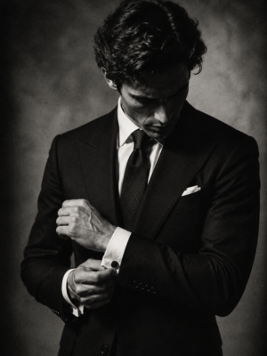Tailored Shadows black and white studio portrait wall art print of a man in a suit adjusting his cufflink — digital download.