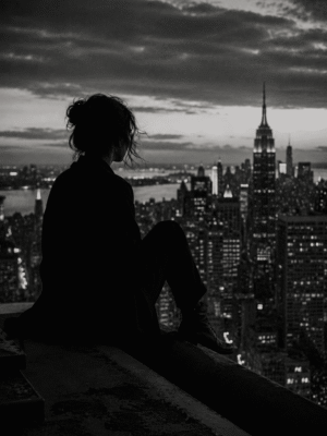 City Silhouette black and white photography wall art print of a woman overlooking the New York City skyline — digital download.