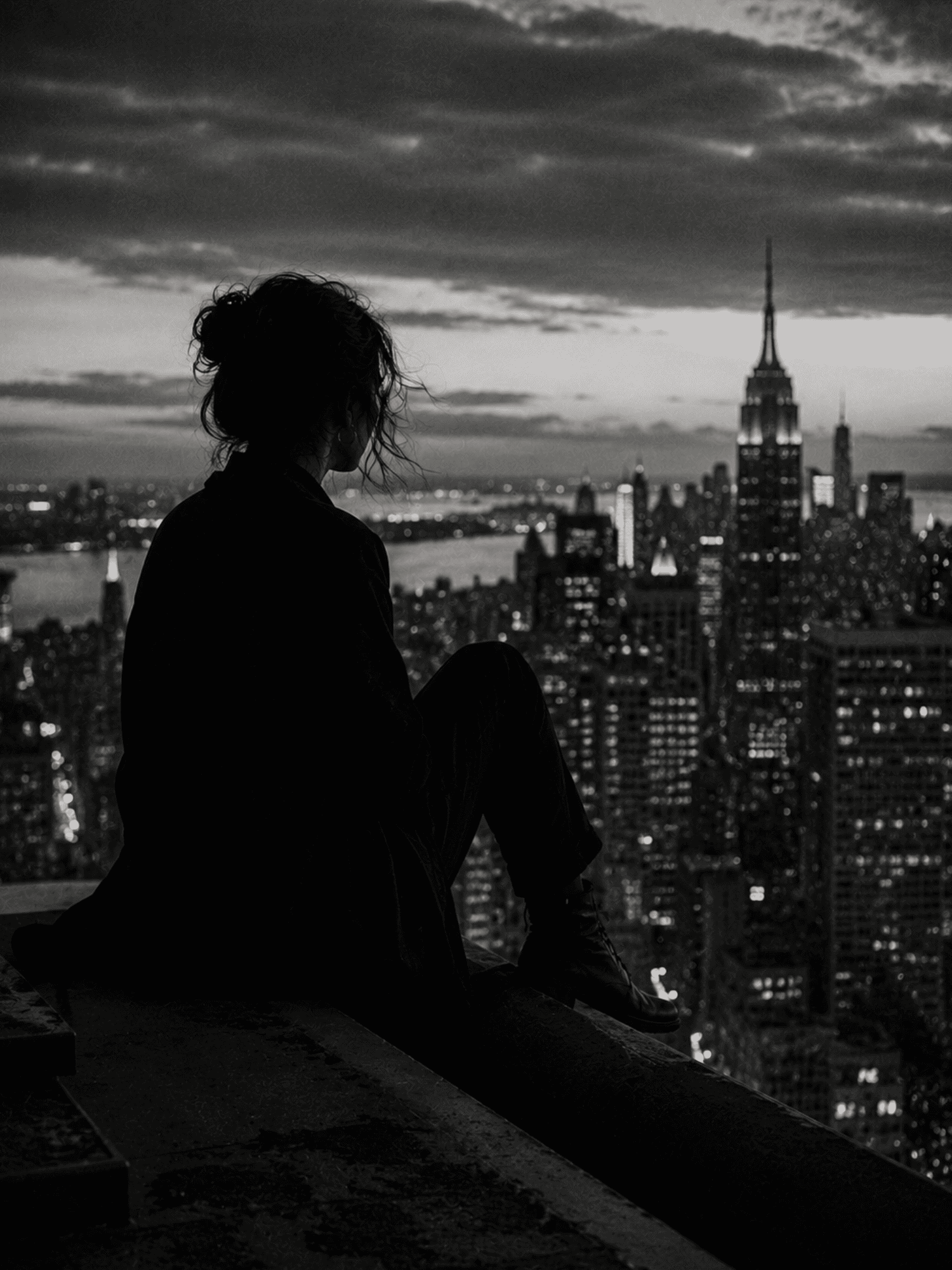 City Silhouette black and white photography wall art print of a woman overlooking the New York City skyline — digital download.