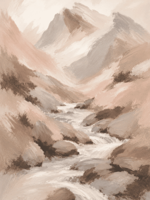 Misty mountain river wall art print with rocky stream and foggy peaks Fallback