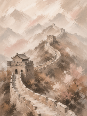 Great Wall of China wall art print with misty mountains
