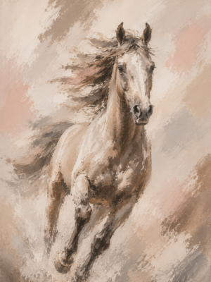 Painterly galloping horse wall art print in soft beige, taupe, and blush tones — digital download.