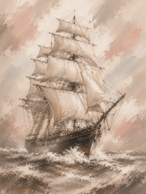 Painterly tall ship wall art print sailing through waves in beige and blush tones — digital download.