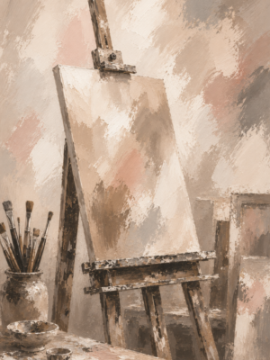 Painterly artist's studio wall art print with easel and paintbrushes in beige and blush tones — digital download.