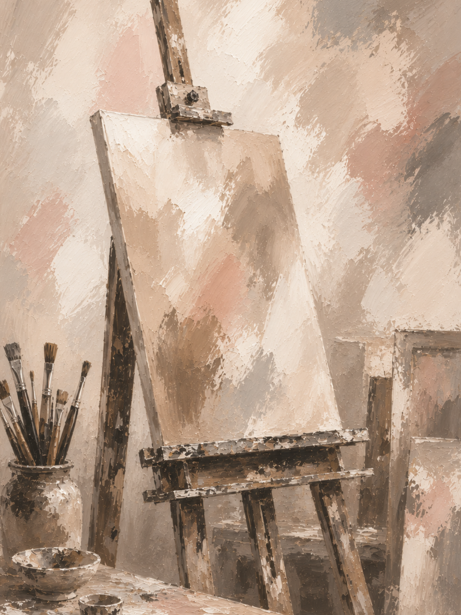 Painterly artist's studio wall art print with easel and paintbrushes in beige and blush tones — digital download.