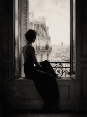Parisian Window black and white photography wall art print of a woman silhouetted in a French window overlooking Paris rooftops — digital download.