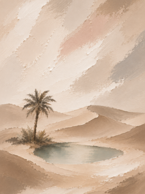 Painterly desert oasis wall art print with palm tree and dunes in beige and blush tones — digital download.