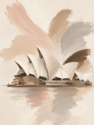 Painterly Sydney Opera House wall art print with abstract sky in blush and beige tones — digital download.