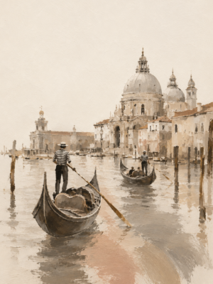 Painterly Venice gondola wall art print with domed basilica in sepia and beige tones — digital download.
