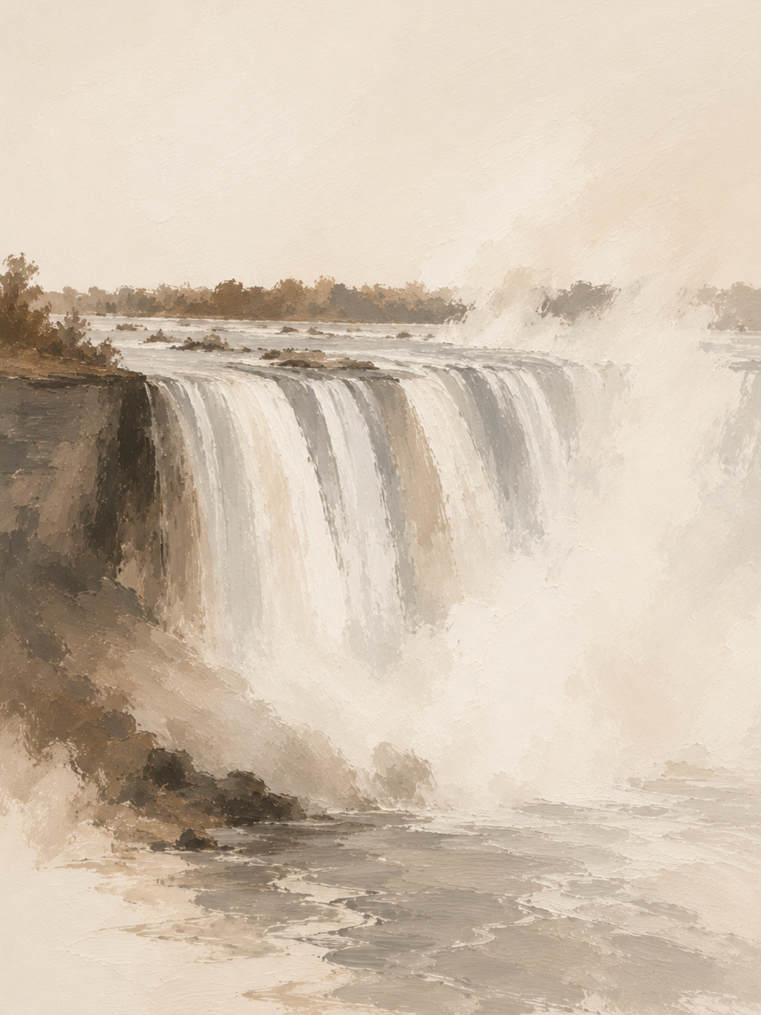 Painterly Niagara Falls wall art print with misty waterfall in cream and beige tones — digital download.
