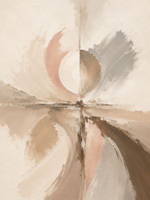 Painterly abstract sunburst wall art print in cream, blush, and taupe tones — digital download.