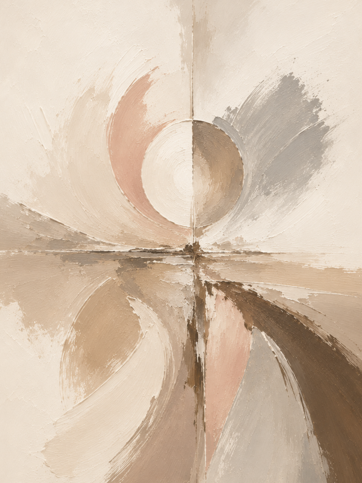 Painterly abstract sunburst wall art print in cream, blush, and taupe tones — digital download.