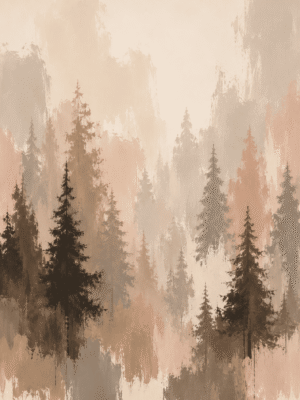Abstract misty pine forest wall art print in blush pink and beige tones
