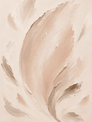 Feather bloom wall art print with textured brushstrokes in cream, blush, and taupe tones — digital download.