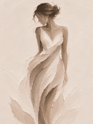 Painterly flowing dress woman wall art print in cream, taupe, and blush tones — digital download.
