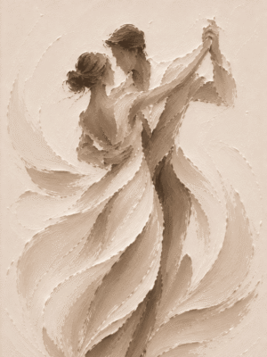Painterly dancing couple wall art print in cream, tan, and taupe tones — digital download.