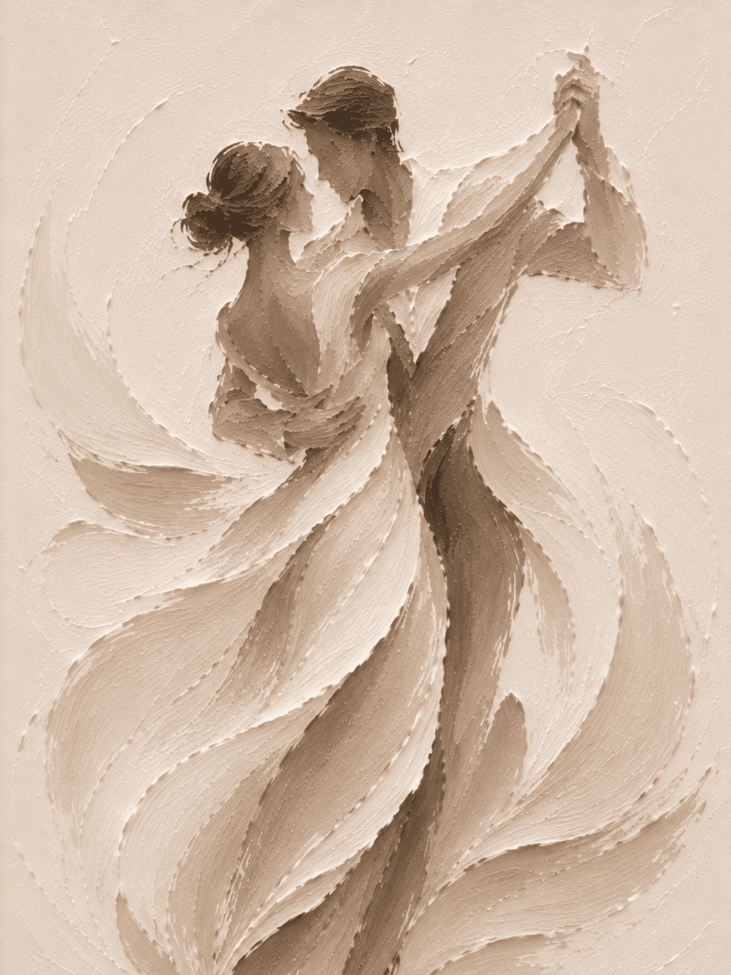 Painterly dancing couple wall art print in cream, tan, and taupe tones — digital download.