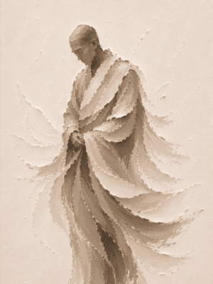 Painterly wandering monk wall art print in cream, tan, and gray tones — digital download.