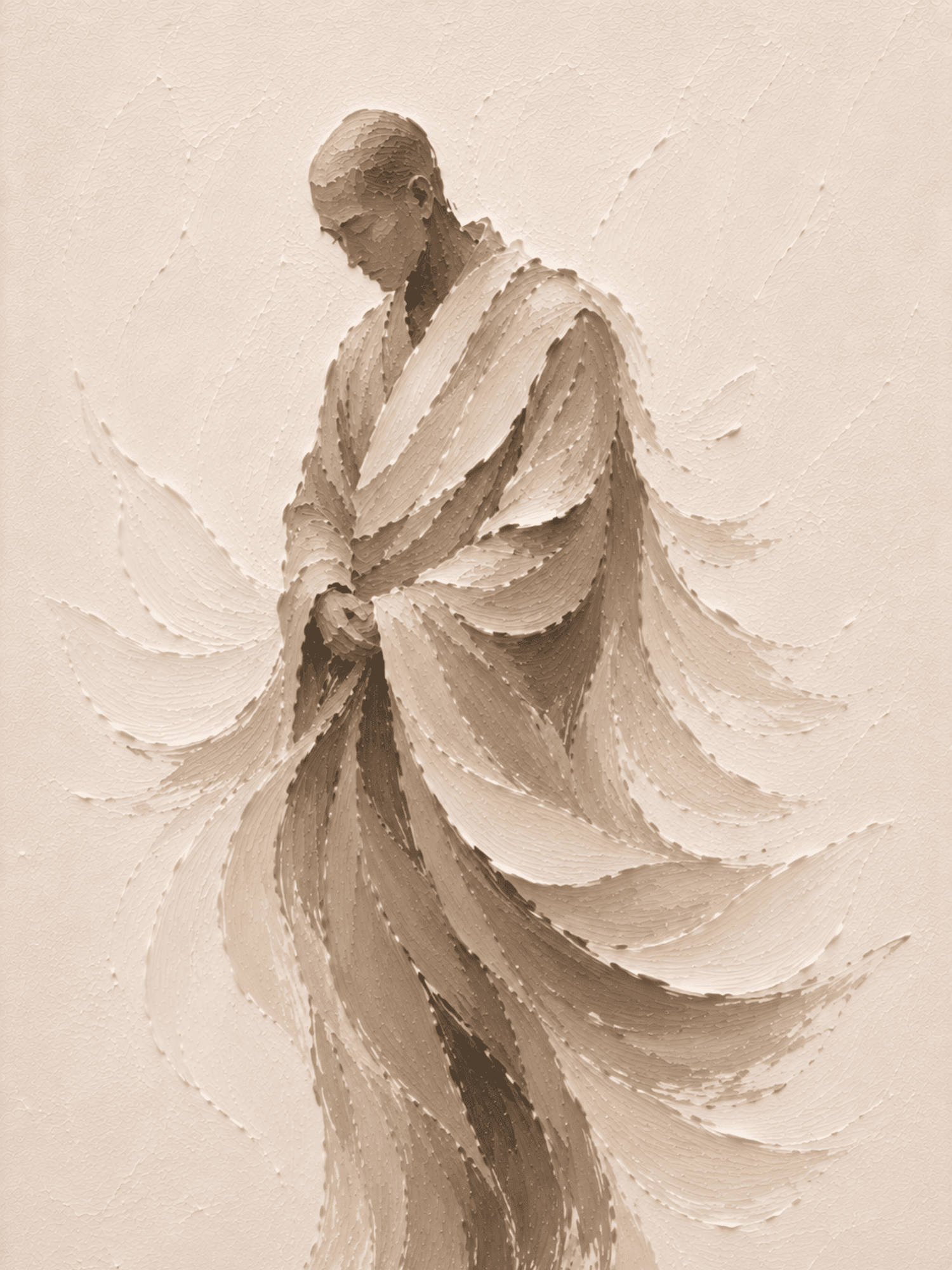 Painterly wandering monk wall art print in cream, tan, and gray tones — digital download.