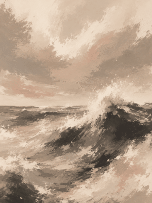 Abstract moody ocean wave wall art print in charcoal, beige and blush tones