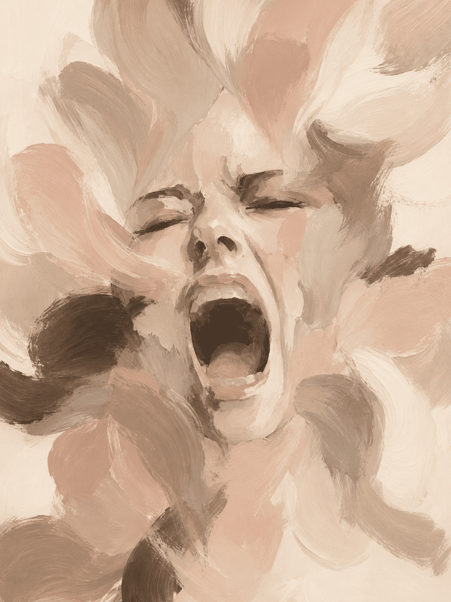 Painterly abstract scream portrait wall art print in blush, cream, and taupe tones — digital download.