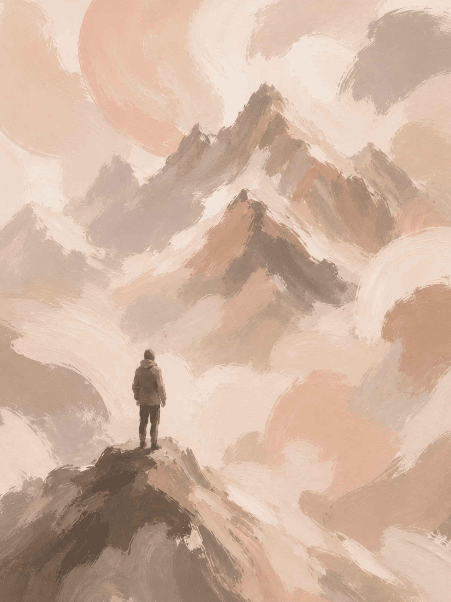 Painterly summit silhouette wall art print in cream, blush, and gray tones — digital download.