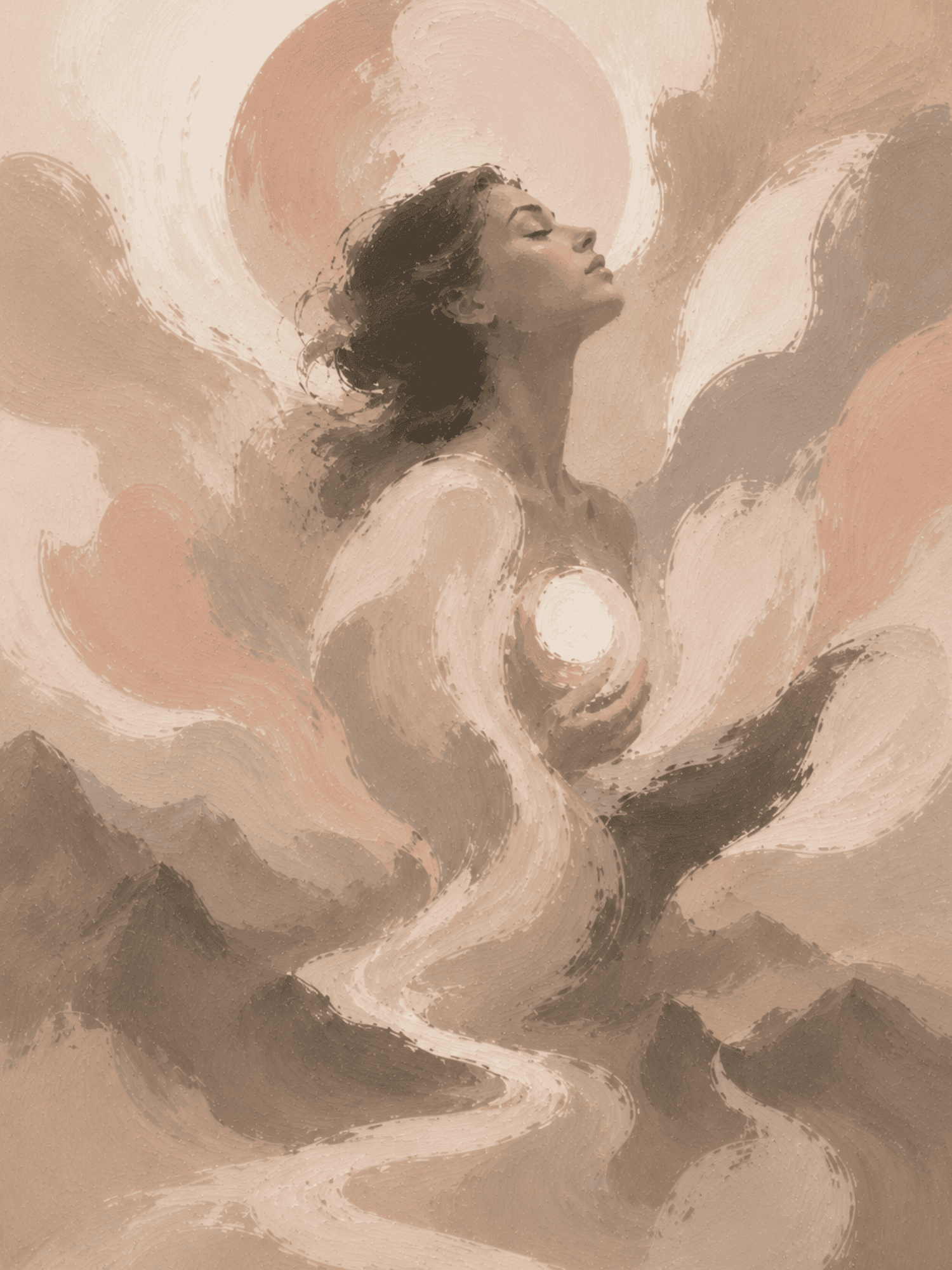Painterly woman and moon wall art print in sepia, blush, and gray tones — digital download.