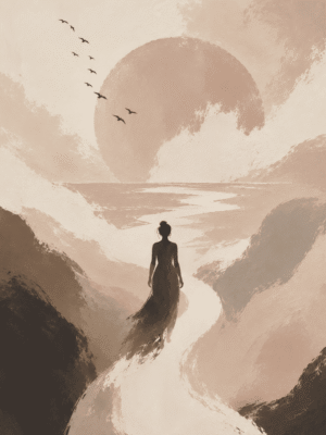 Silhouette figure on misty mountain path wall art print with pink sun