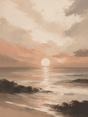 Golden sunset seascape wall art print with ocean and rocky shoreline