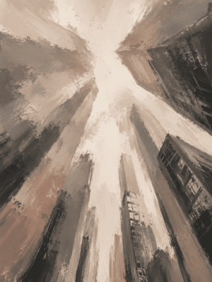 Abstract urban skyscraper wall art print in charcoal and beige tones