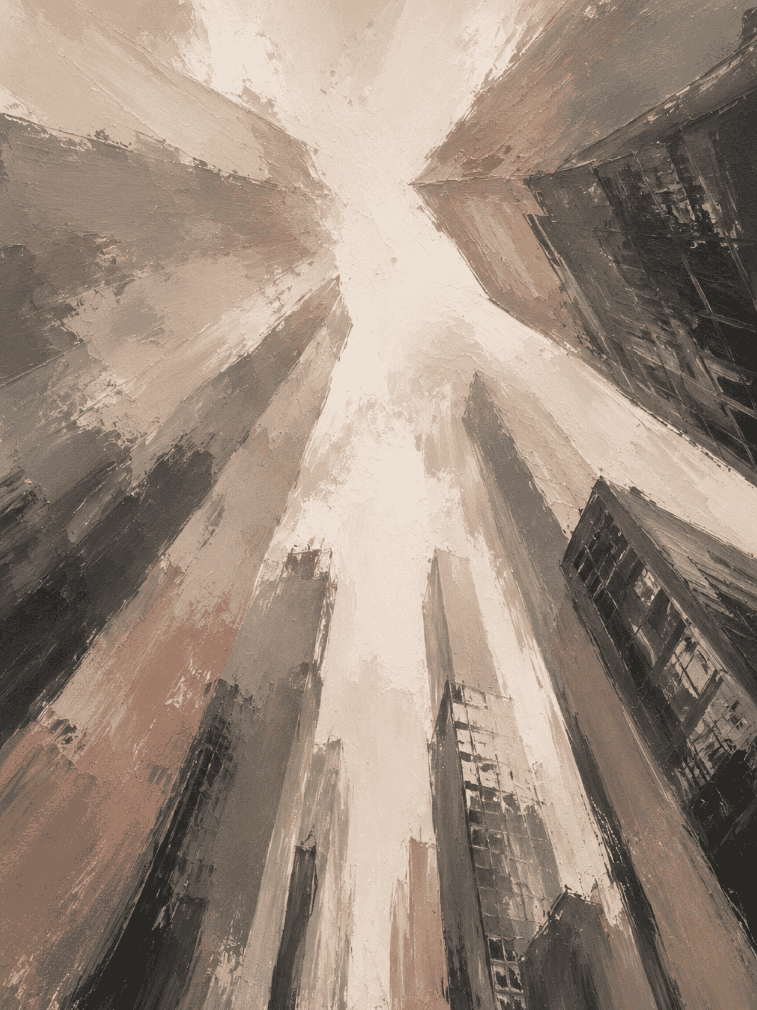Abstract urban skyscraper wall art print in charcoal and beige tones