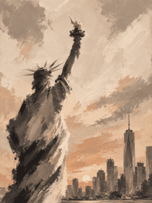 Statue of Liberty sunset wall art print with New York City skyline