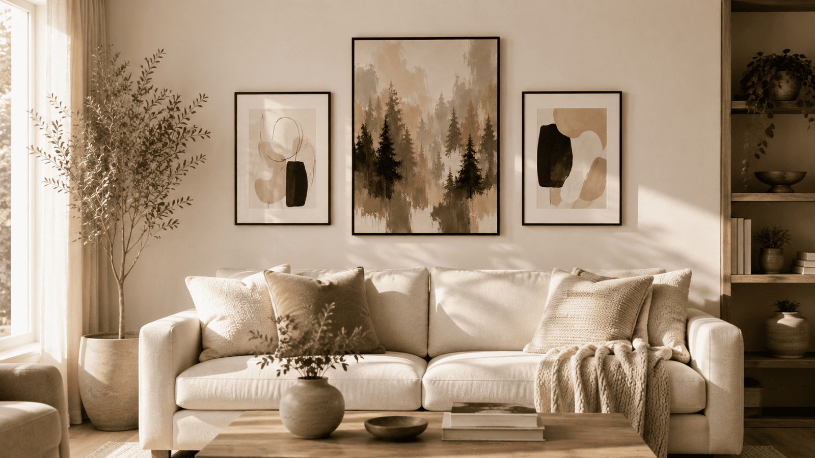 Neutral sofa styled with a gallery wall of three black and white mountain art prints