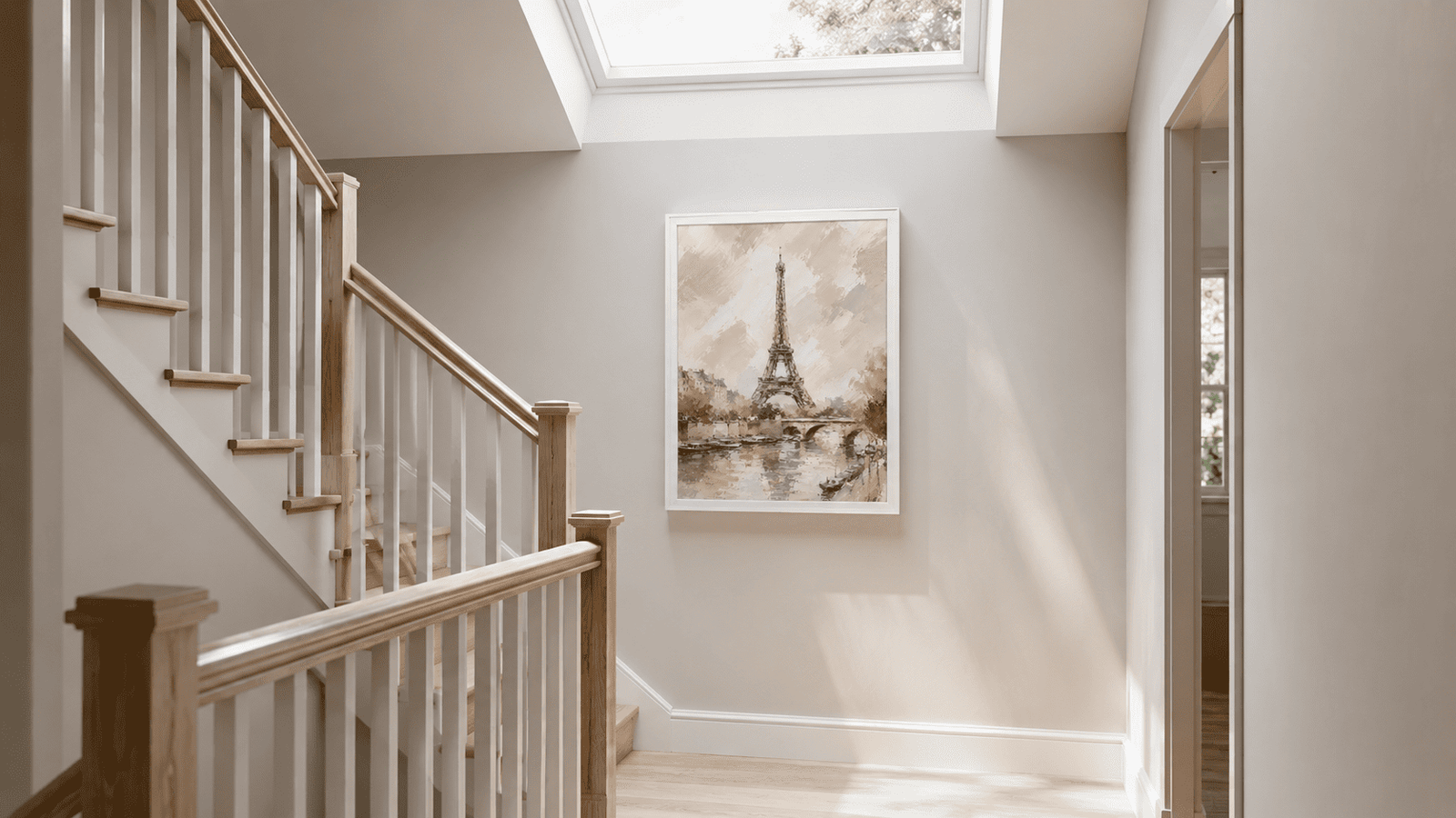Framed Eiffel Tower line art print displayed on a staircase wall