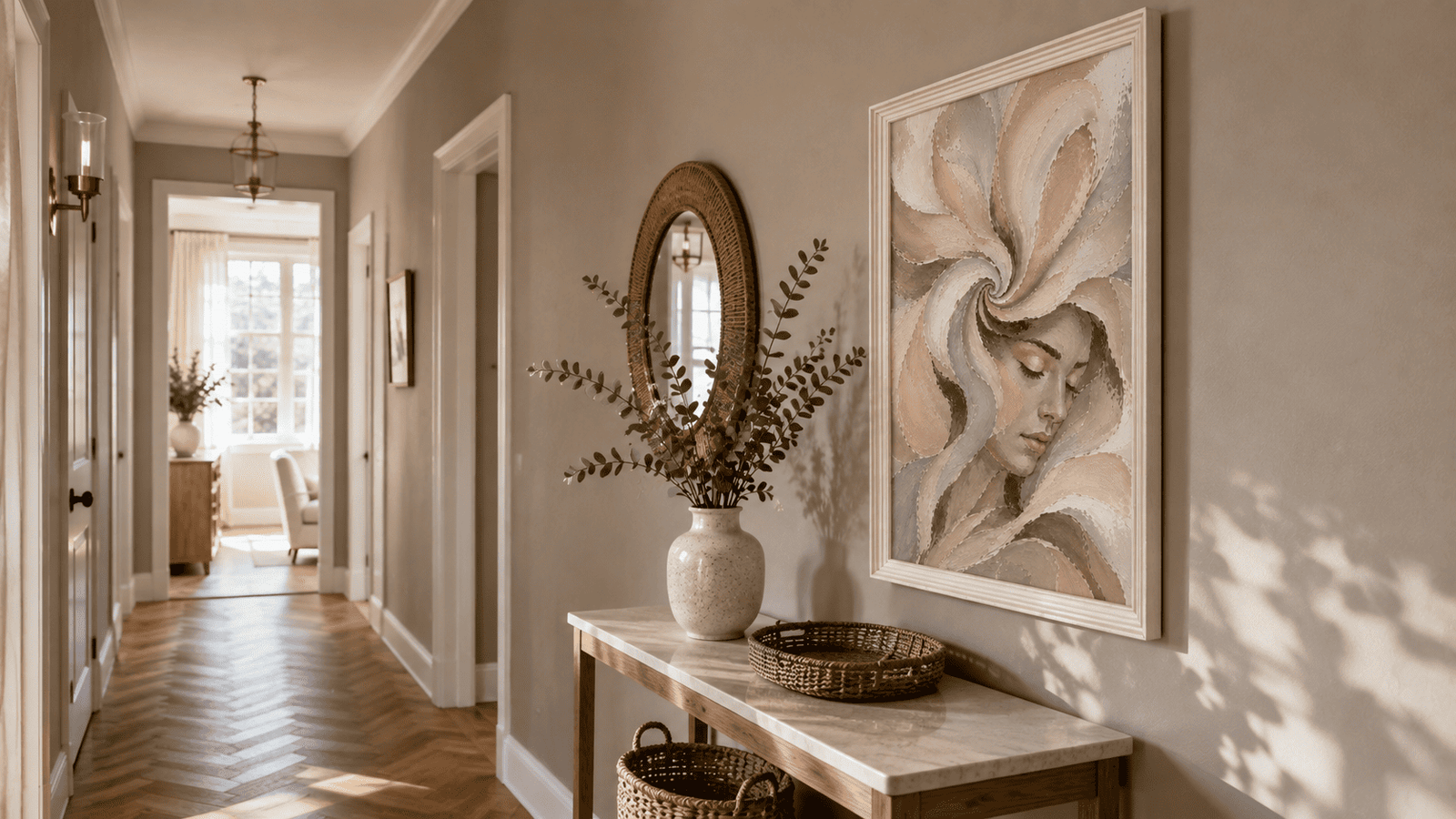 Console table styled with a vase and plant in a warm neutral hallway with framed wall art above
