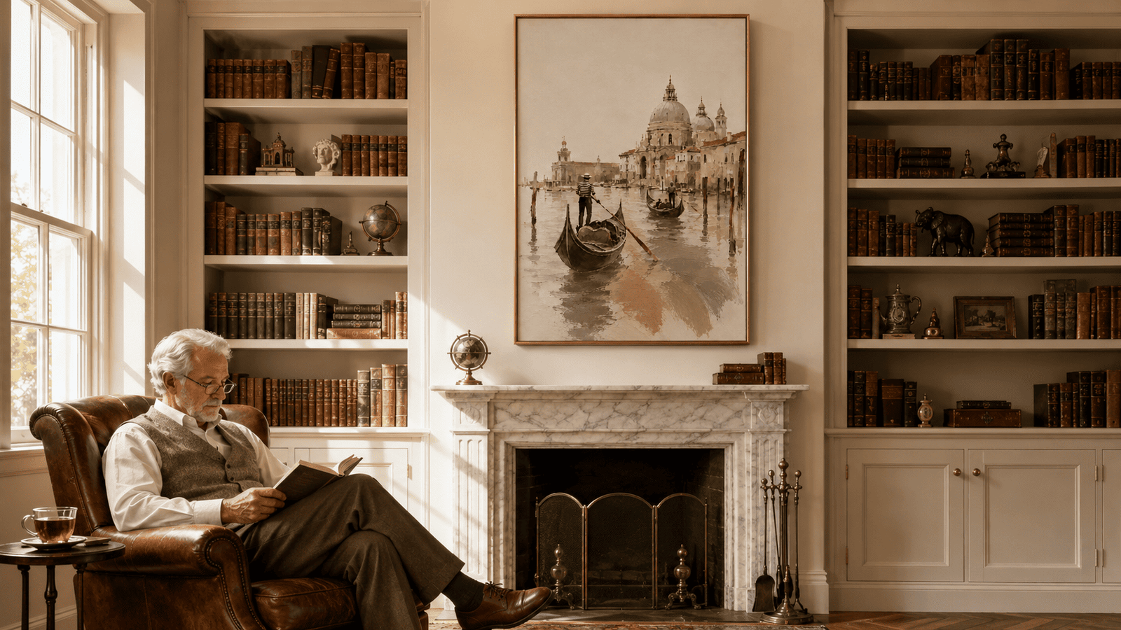 Framed cityscape art print displayed above a fireplace mantel surrounded by bookshelves
