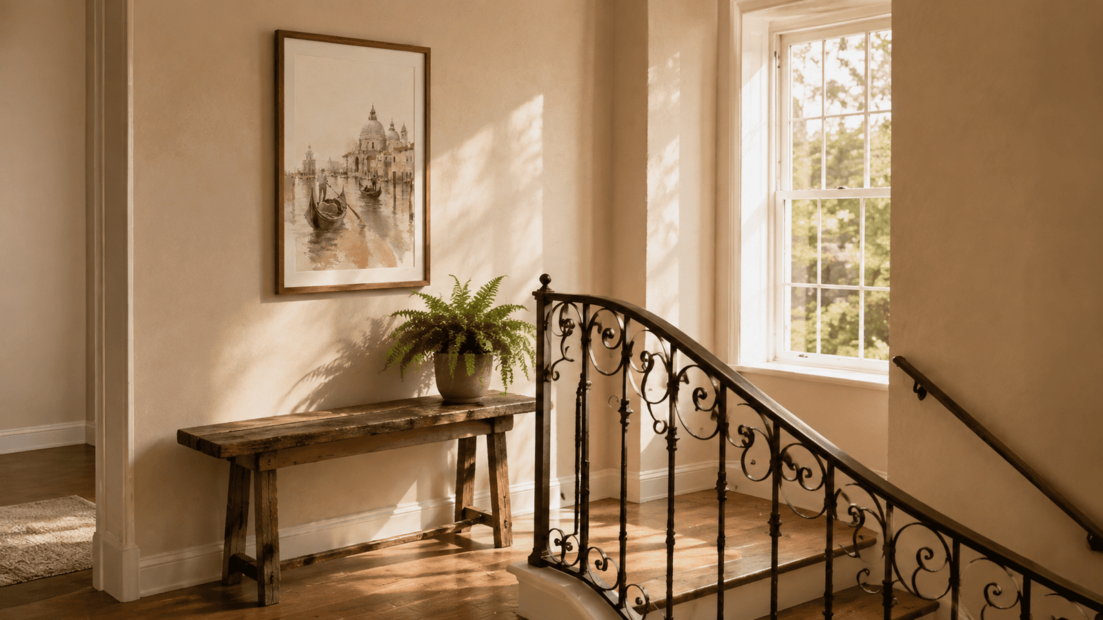Framed architectural line art print displayed on a staircase wall with black railing