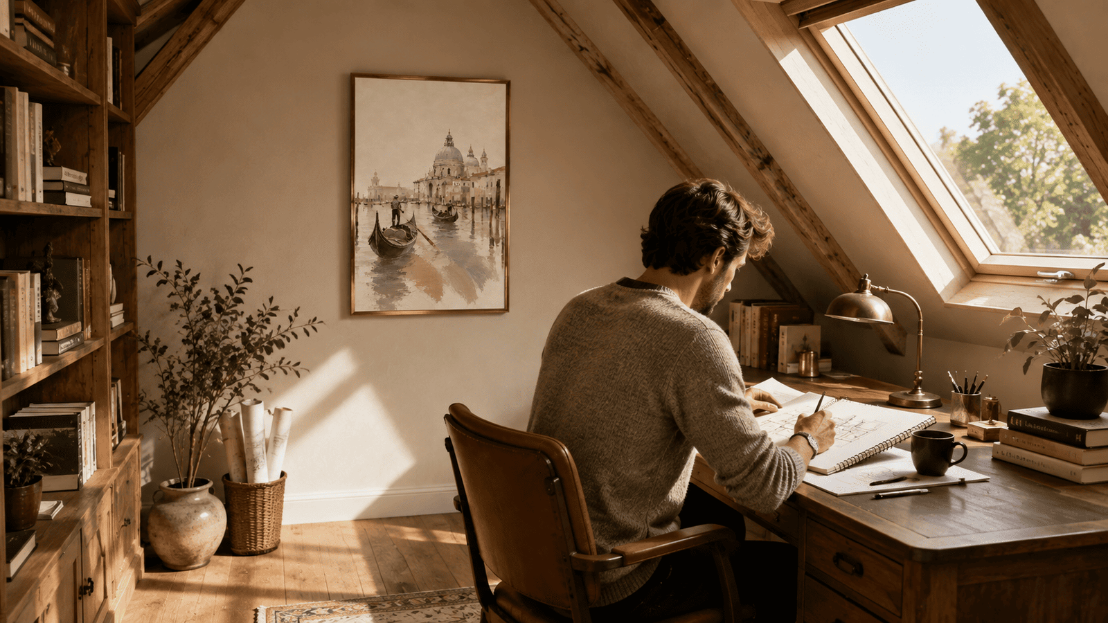 Man writing at a wooden desk near a window with a small framed landscape art print