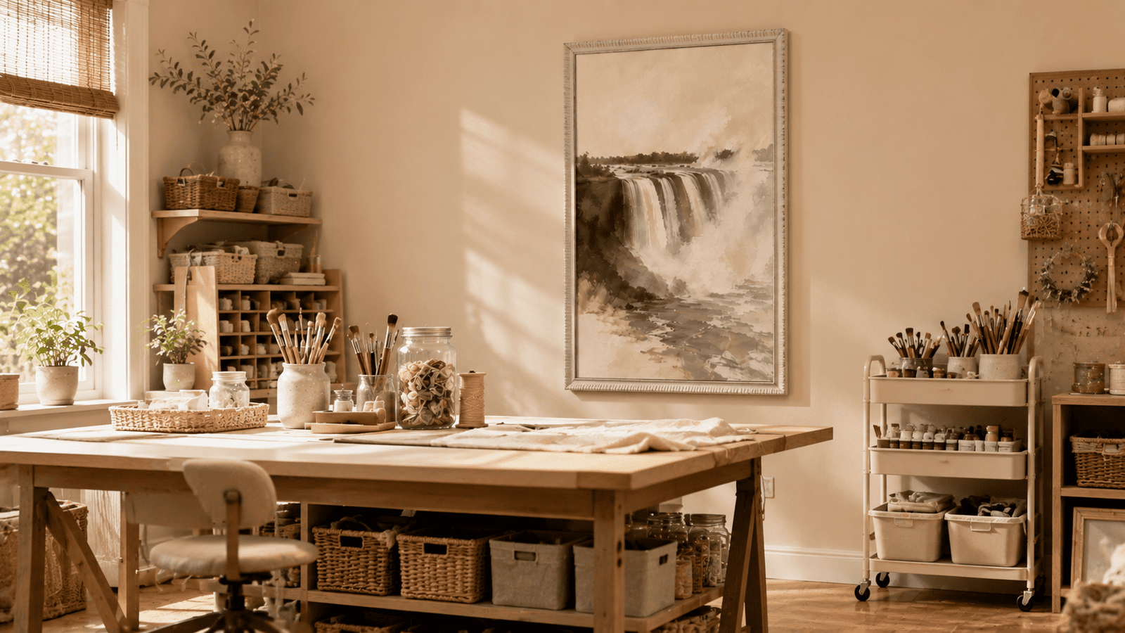Framed black and white abstract art print above a wooden desk in a home art studio
