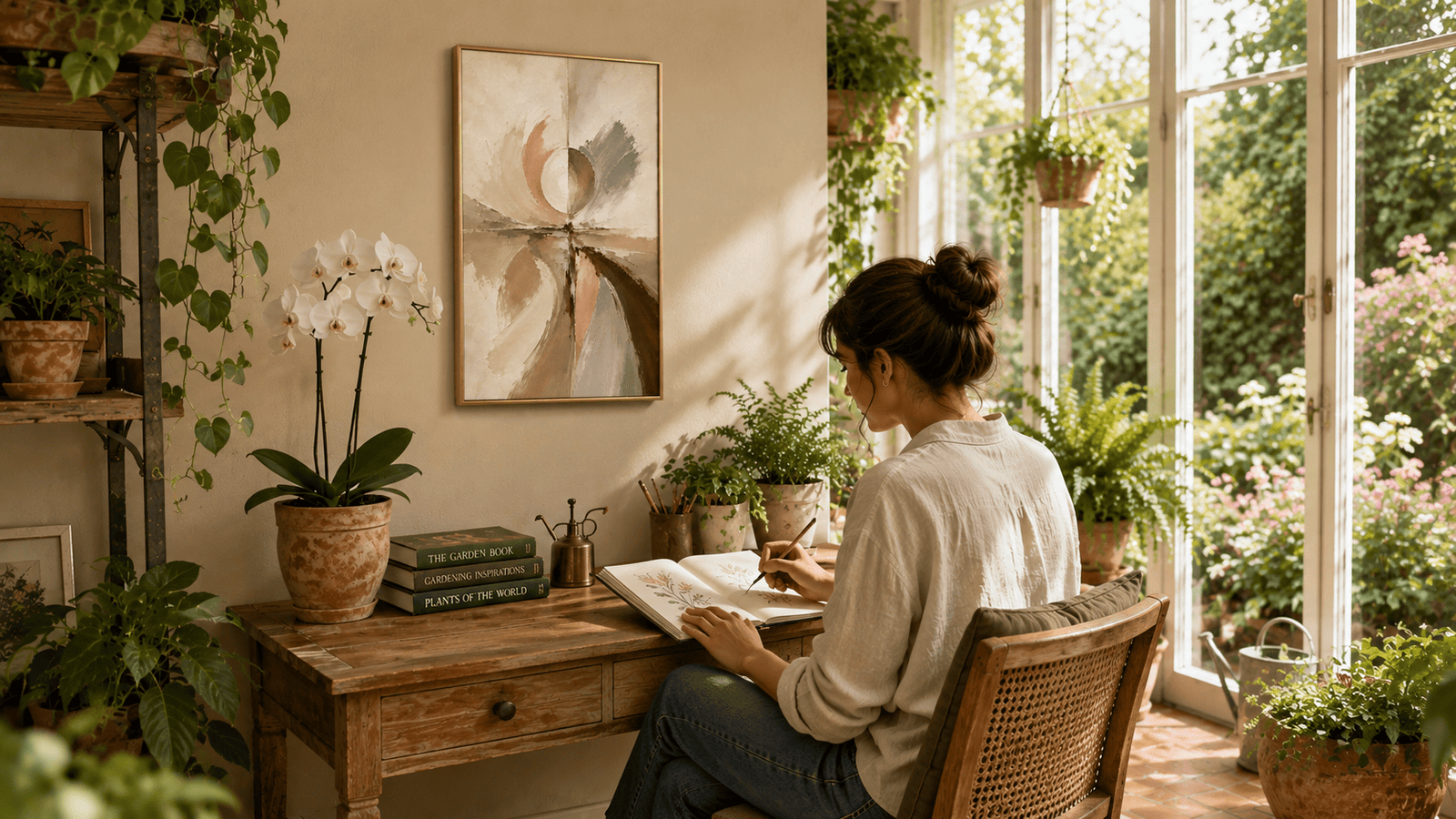 Woman sitting on the floor in a sunlit neutral bedroom with abstract wall art above the bed