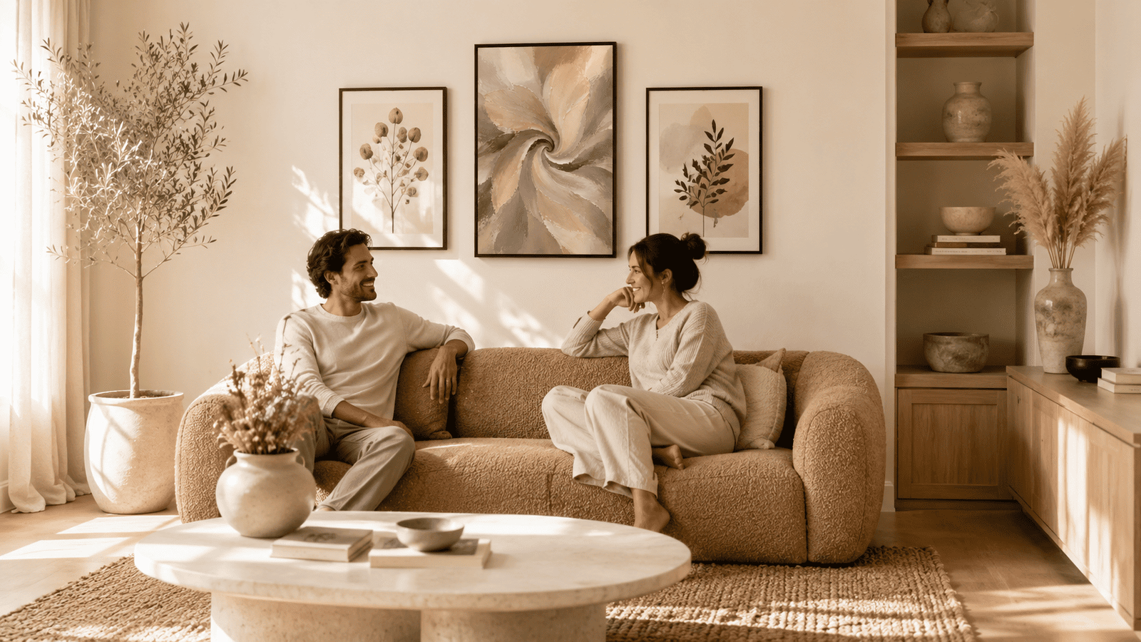 Living room sofa with a gallery wall of framed botanical and abstract art prints