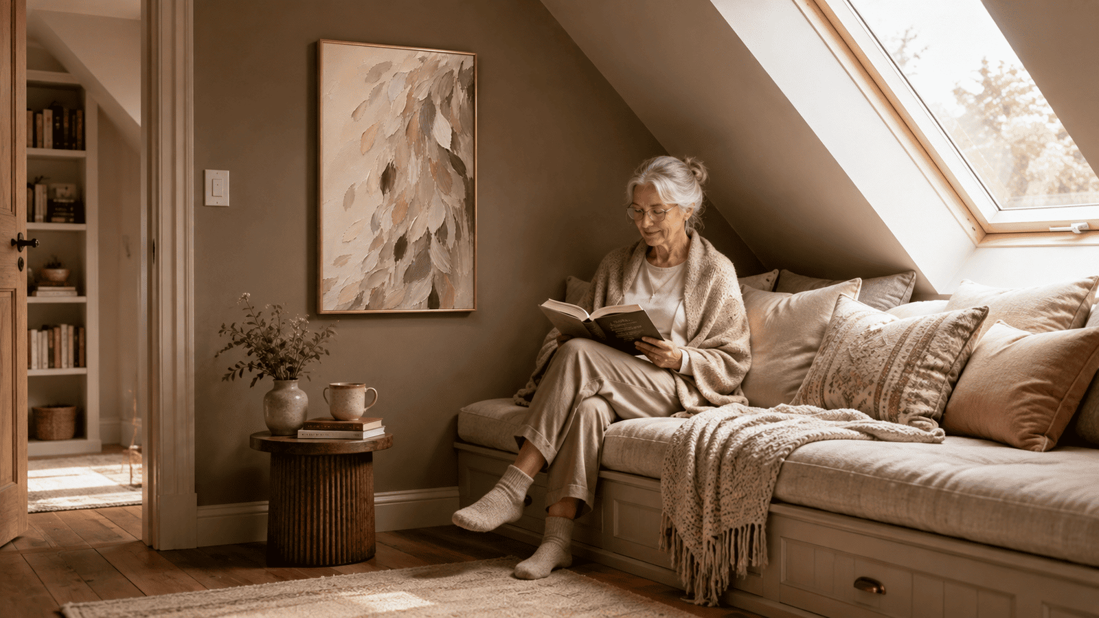 Elderly woman reading in a cozy attic bedroom with framed abstract wall art above the bed