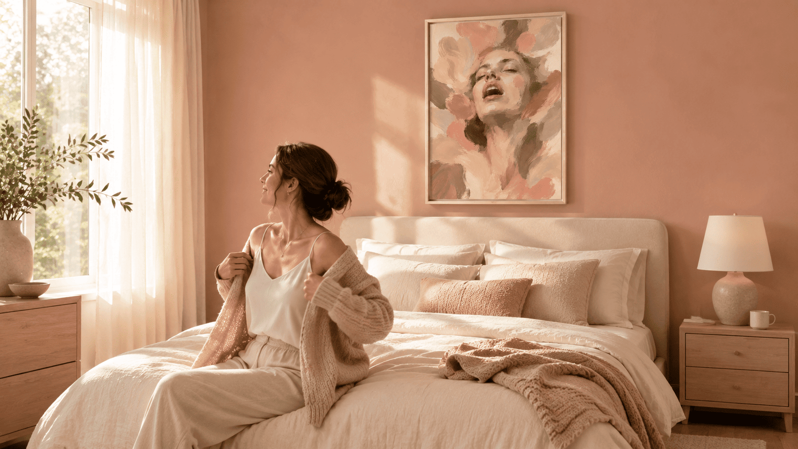 Painterly expressive portrait wall art print in cream and blush tones