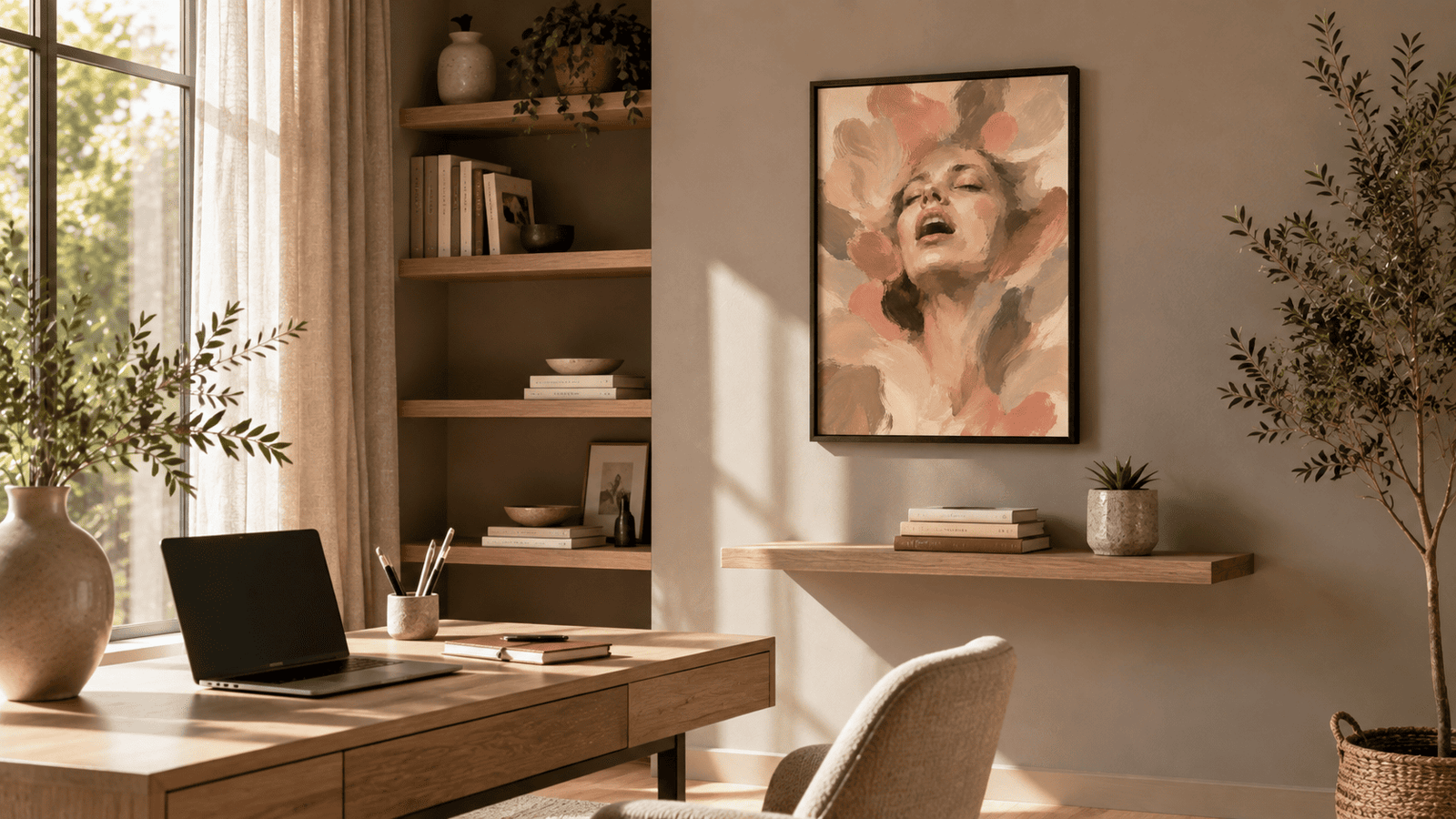 Painterly expressive portrait wall art print in cream and blush tones