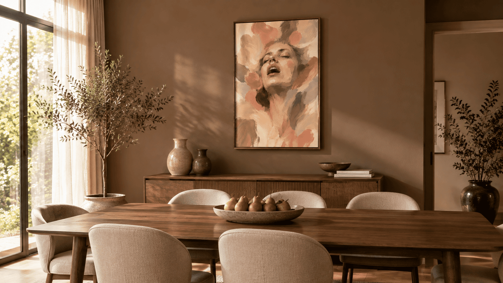 Painterly expressive portrait wall art print in cream and blush tones