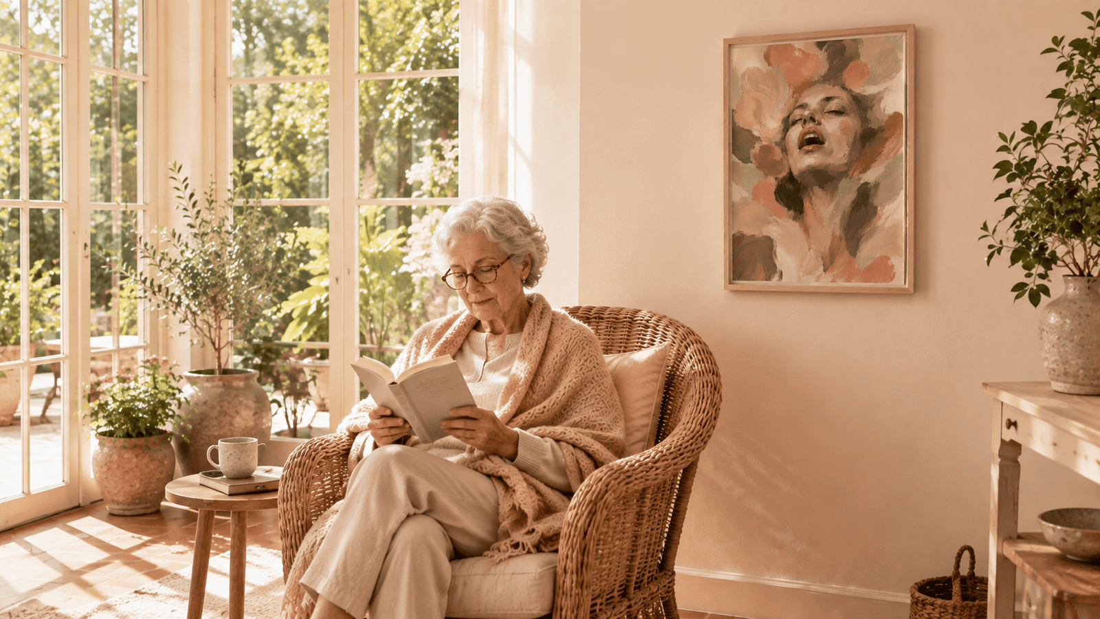 Painterly expressive portrait wall art print in cream and blush tones
