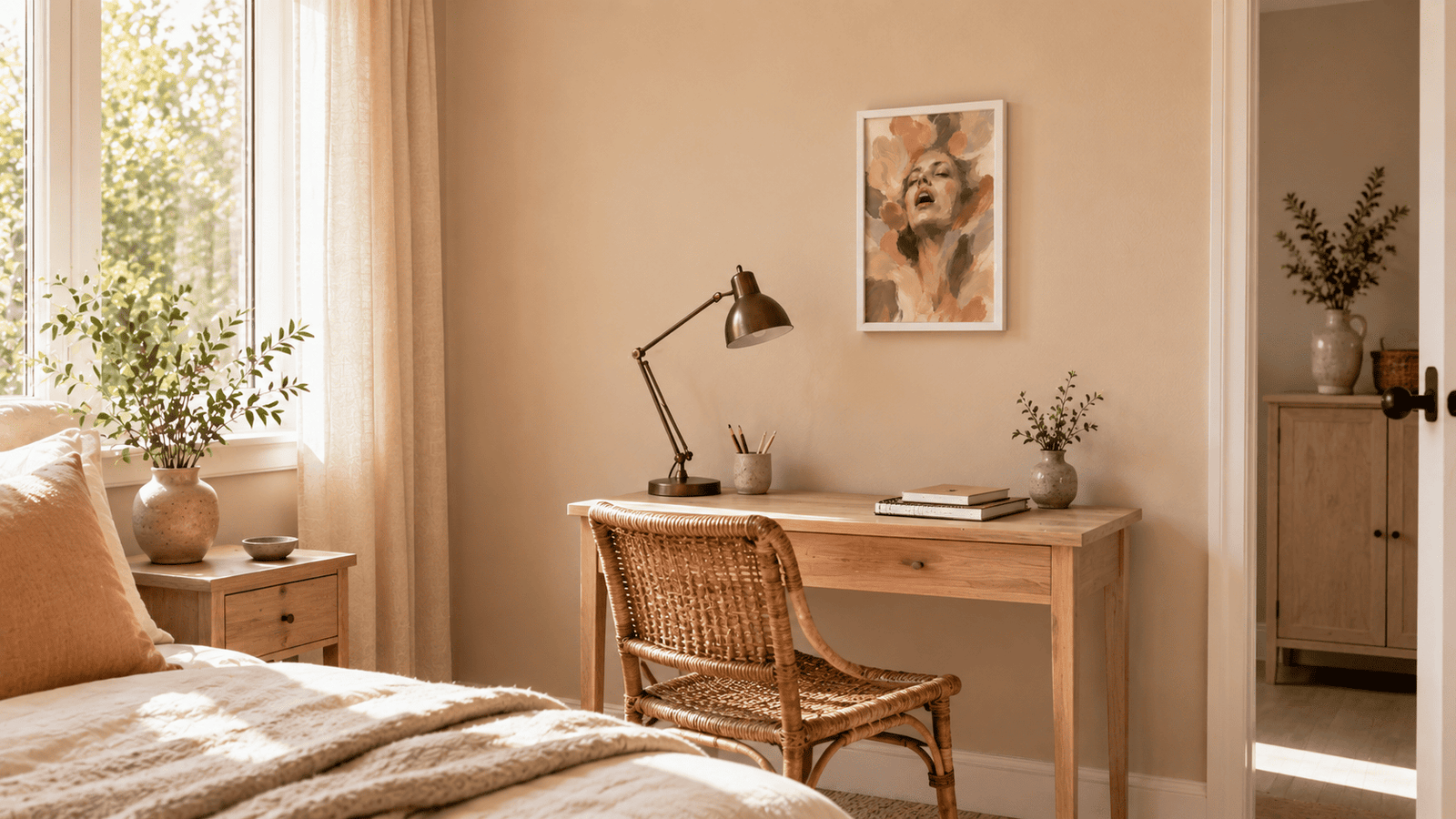 Painterly expressive portrait wall art print in cream and blush tones