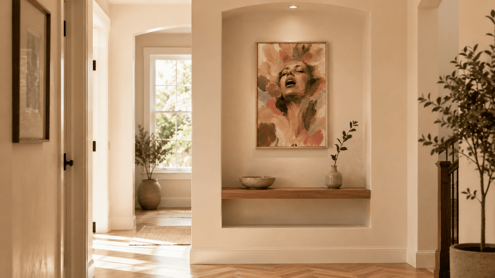 Painterly expressive portrait wall art print in cream and blush tones