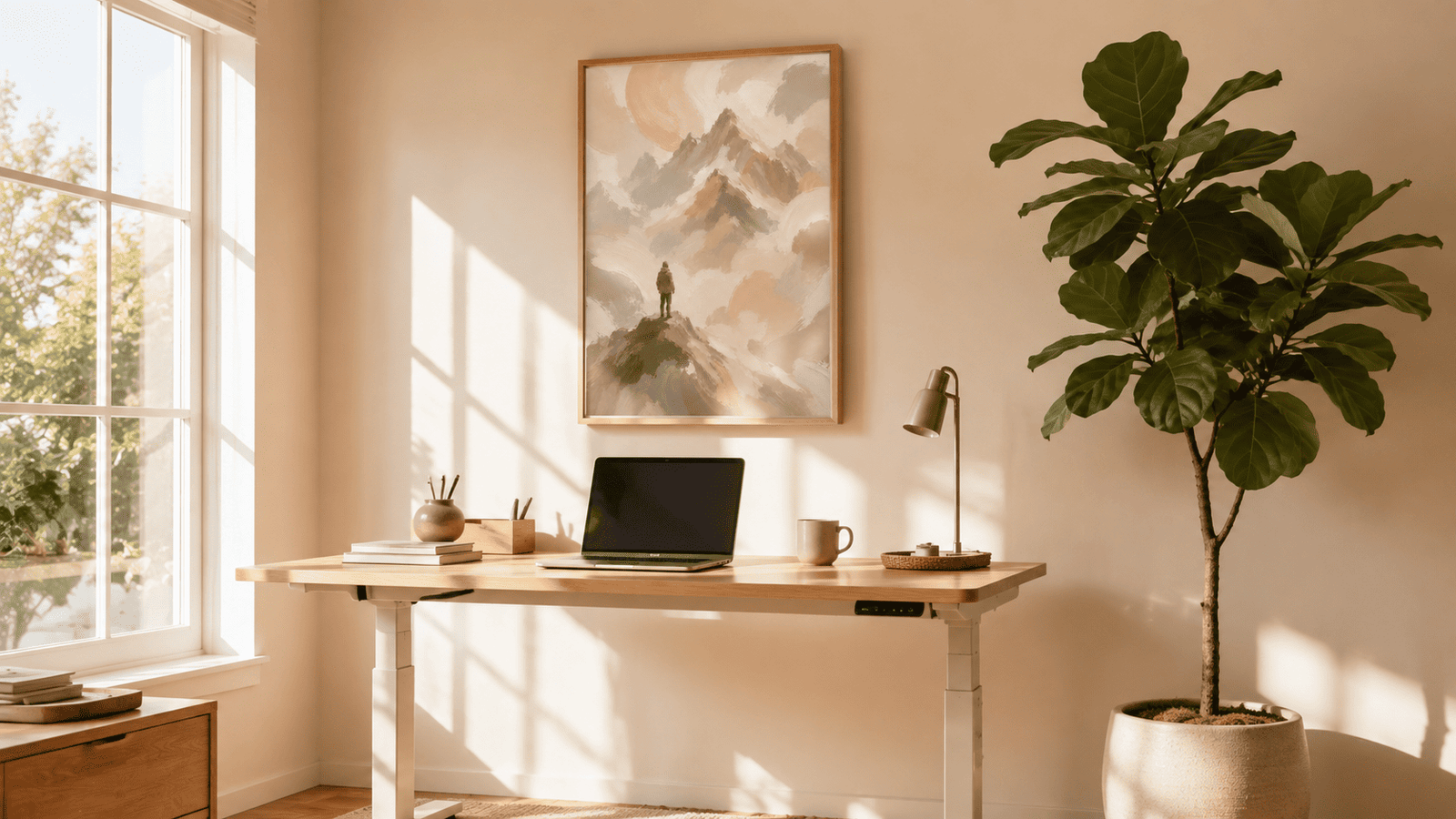 Painterly mountain landscape wall art print in cream and blush tones