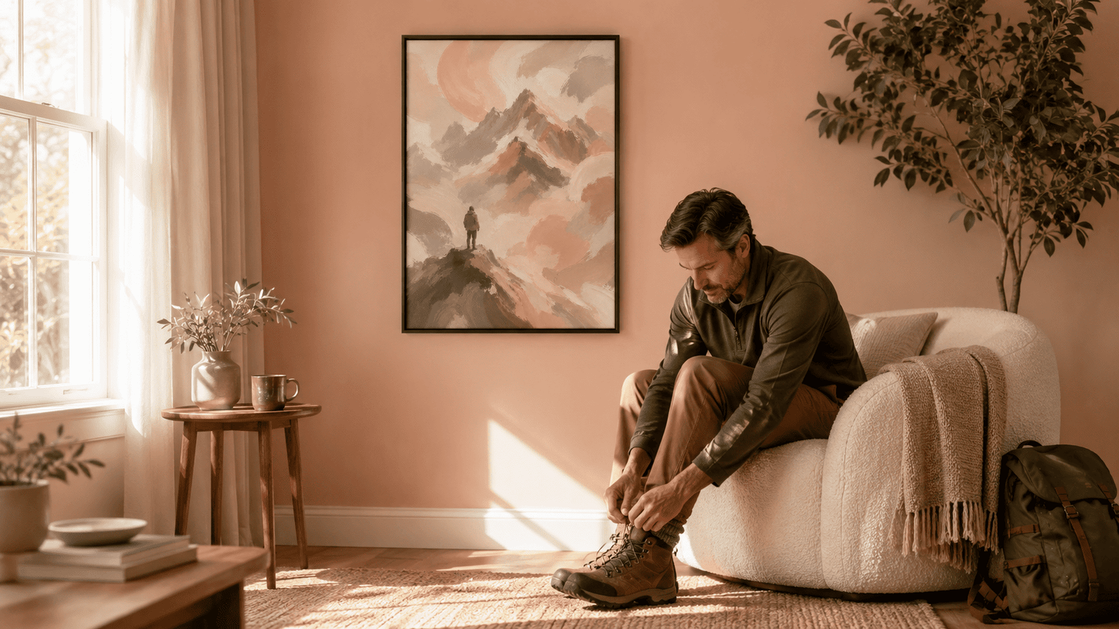 Painterly mountain landscape wall art print in cream and blush tones